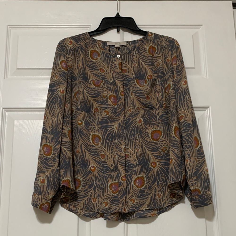 LOFT Slate Floral-Feather Feminine Button Front Blouse